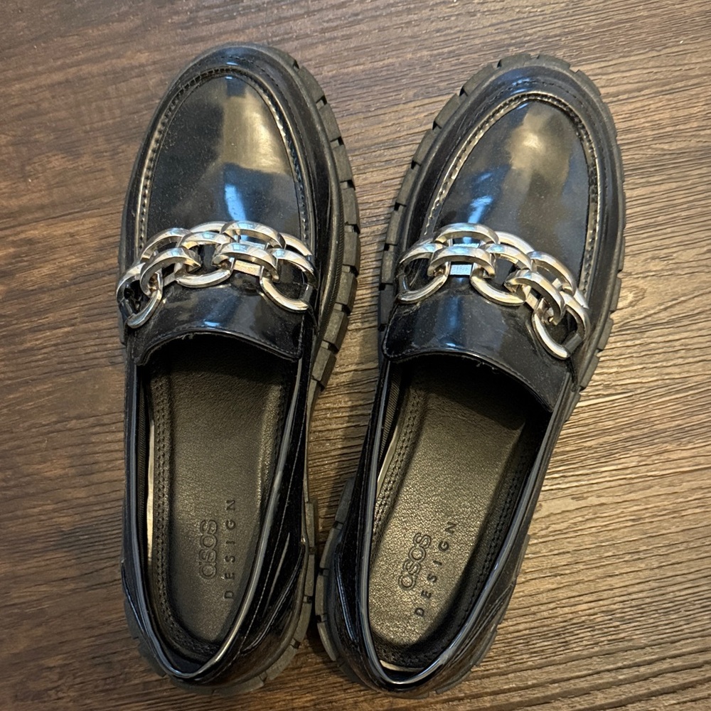 Black Loafers with Silver Chain Detail